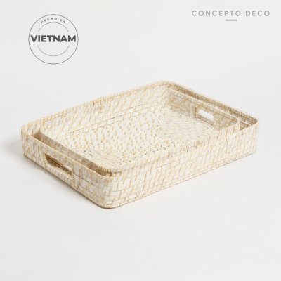 SETX2 BANDEJA RATTAN BLANCO G:45X35CM C:39X30CM